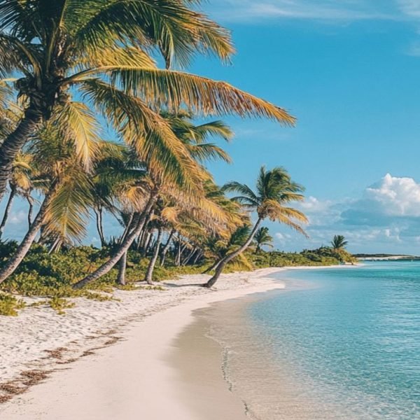 Tranquil waters and palm trees lining the shore at…